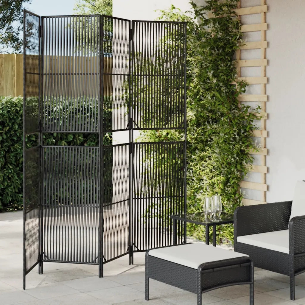 Divisorio per Ambienti | Divider per stanze | Paravento a 4 Pannelli Nero in Polyrattan