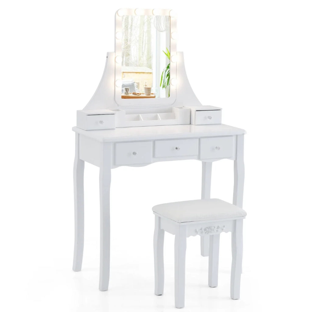 Tavolo da trucco con specchio illuminato 80 x 40 x 136 cm 5 cassetti e comodo sgabello stile moderno MDF bianco 20_0014017