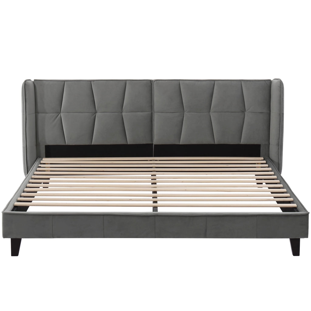 OKWISH Letto Matrimoniale 180×200 cm con Testiera Imbottita, Doghe in Legno e Piedini di Rinforzo, senza Materasso, Velluto Grigio