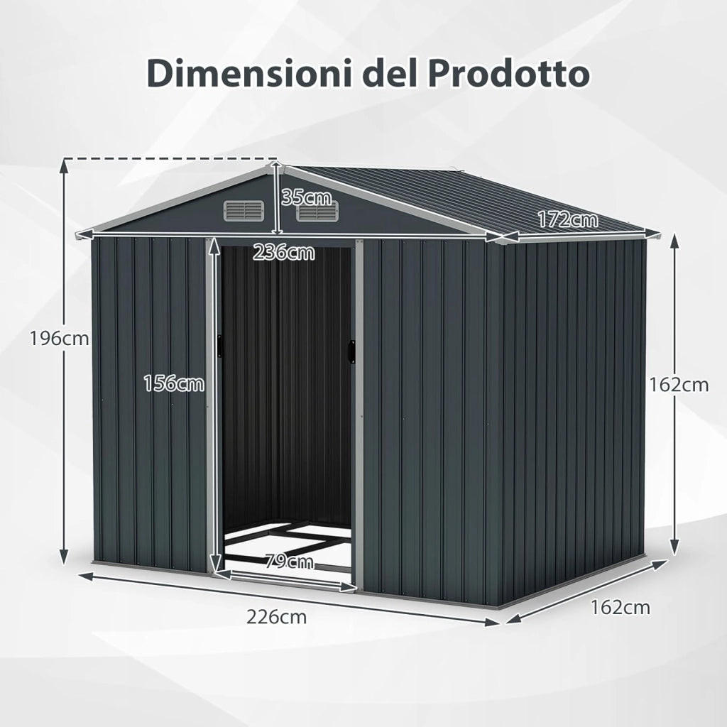 Casetta da Giardino 3,66㎡, Capanno da Esterno con Tetto Spiovente e Porte Scorrevoli, 4 Prese d'Aria e Base, in Metallo Zincato Resistente alle Intemperie, 235 x 171 x 196 cm