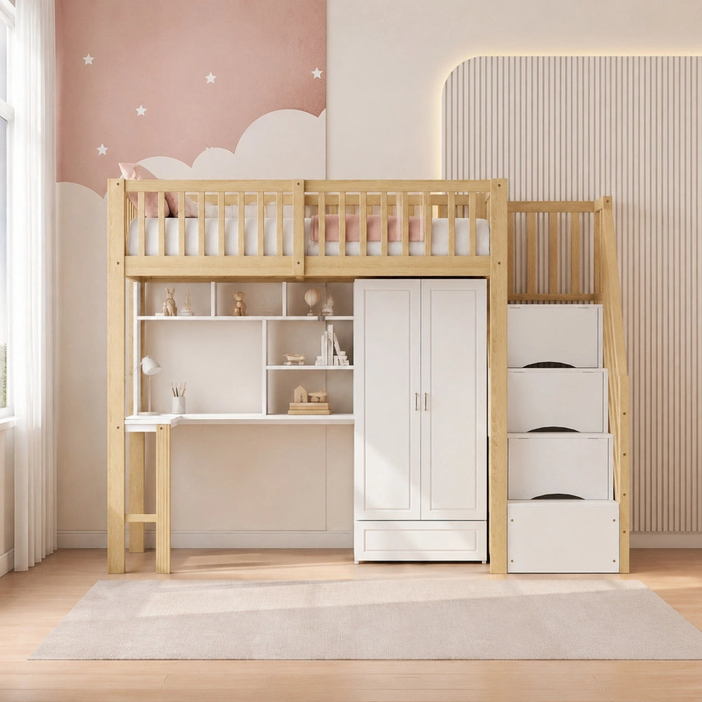 Letto a soppalco 90x200 con armadio, scrivania e scala