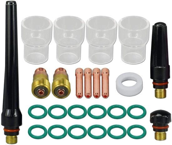 Set di accessori per TIG 26 pezzi - Lente gas isolata #12 - Manico di sostegno TIG 2,4 mm - Copertura posteriore per WP-17/18/26 - Gomme O termoresistenti - Compatibile con Miller - Apparecchio per saldatura TIG