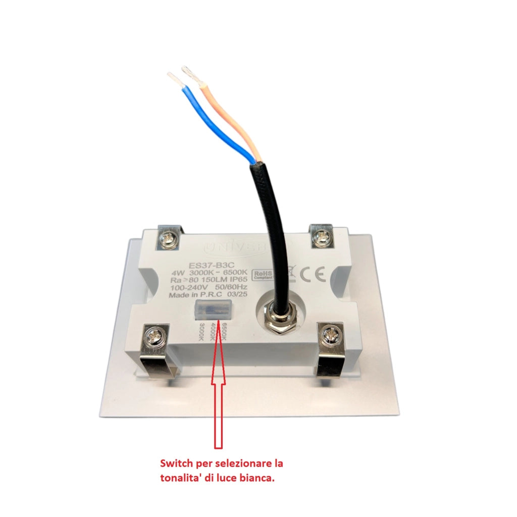 SEGNAPASSO IN VETRO A LED DA INCASSO PER SCATOLA 503 IP65 - CON CCT SWITCH 3 COLORI 4W