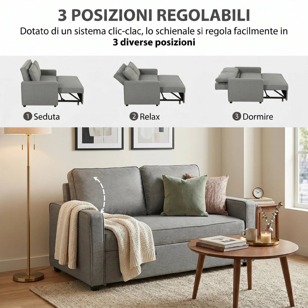 Divano Letto 2 Posti con Schienale Regolabile e Cuscini ¨C Zephmum ¨C Tessuto Grigio