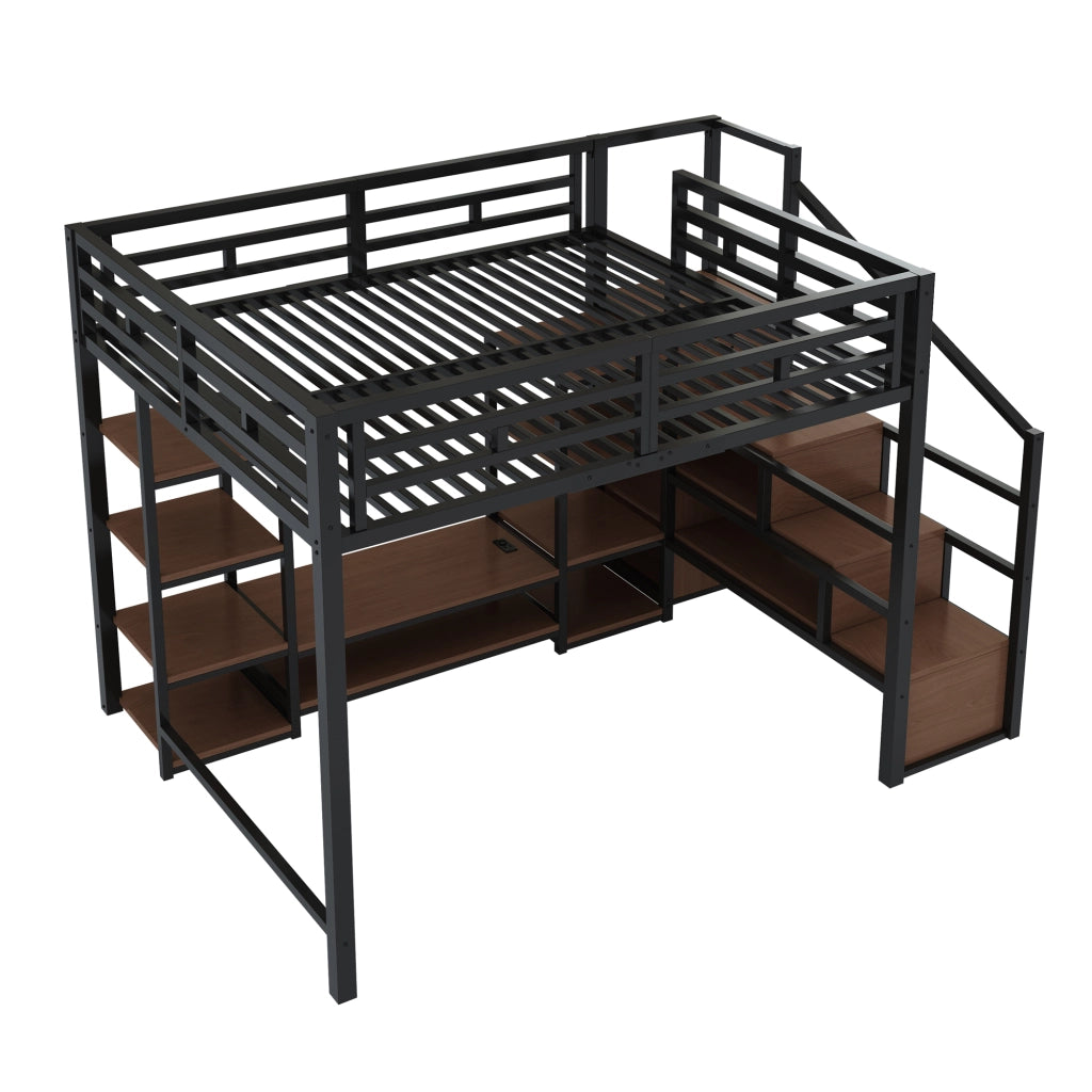 Letto a soppalco 251x96x174 cm con supporto TV e presa in metallo e MDF nero