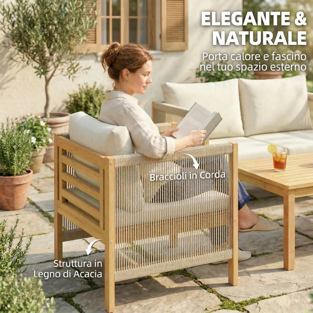 Set da Giardino 4 Pezzi. Legno di Acacia. Patio Conversazione con Cuscini Beige