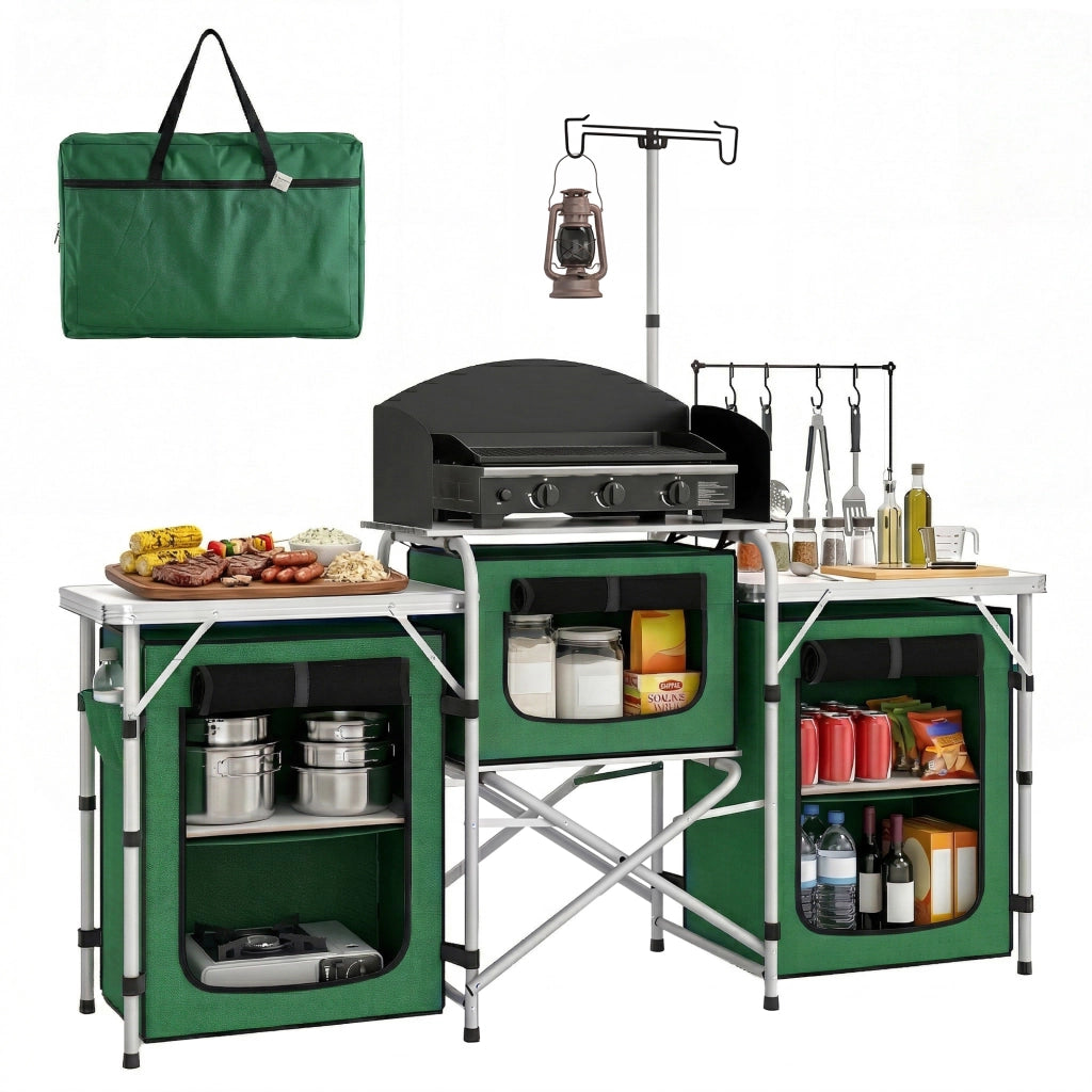 Tavolo da cucina pieghevole con 3 tavolini e 4 ganci ¨C zephmum ¨C 172x48x130 cm verde