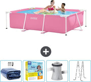 Piscina Rettilinea in Alluminio - 220 x 150 x 60 cm - Rosa - Inclusa Tenda Solare - Kit di Manutenzione - Pompaggio Piscina - Scala
