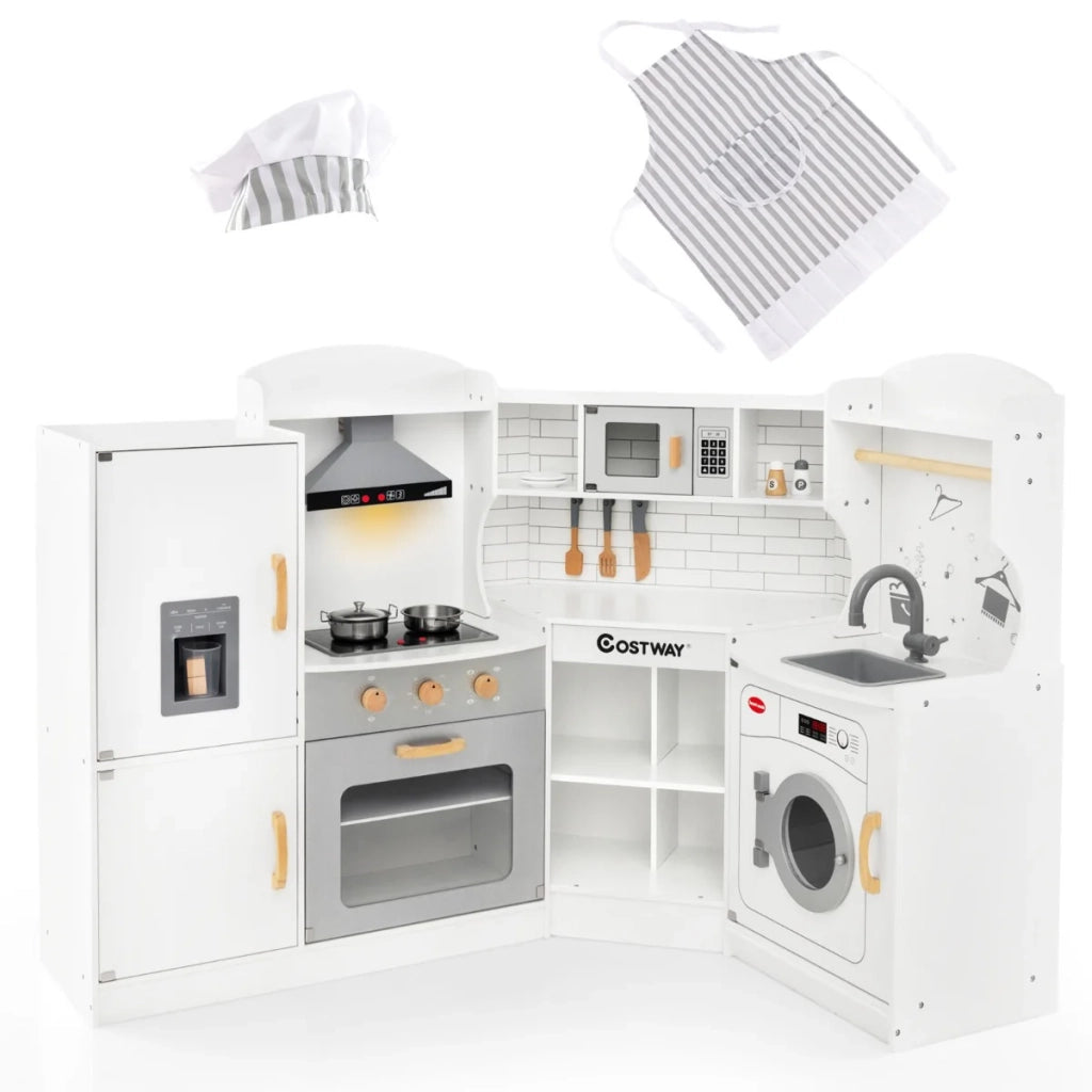 Set da cucina in legno 28/32/40/42 x 29,5 x 94 cm con effetti sonori e luminosi per 4 bambini design moderno in bianco 20_0018349
