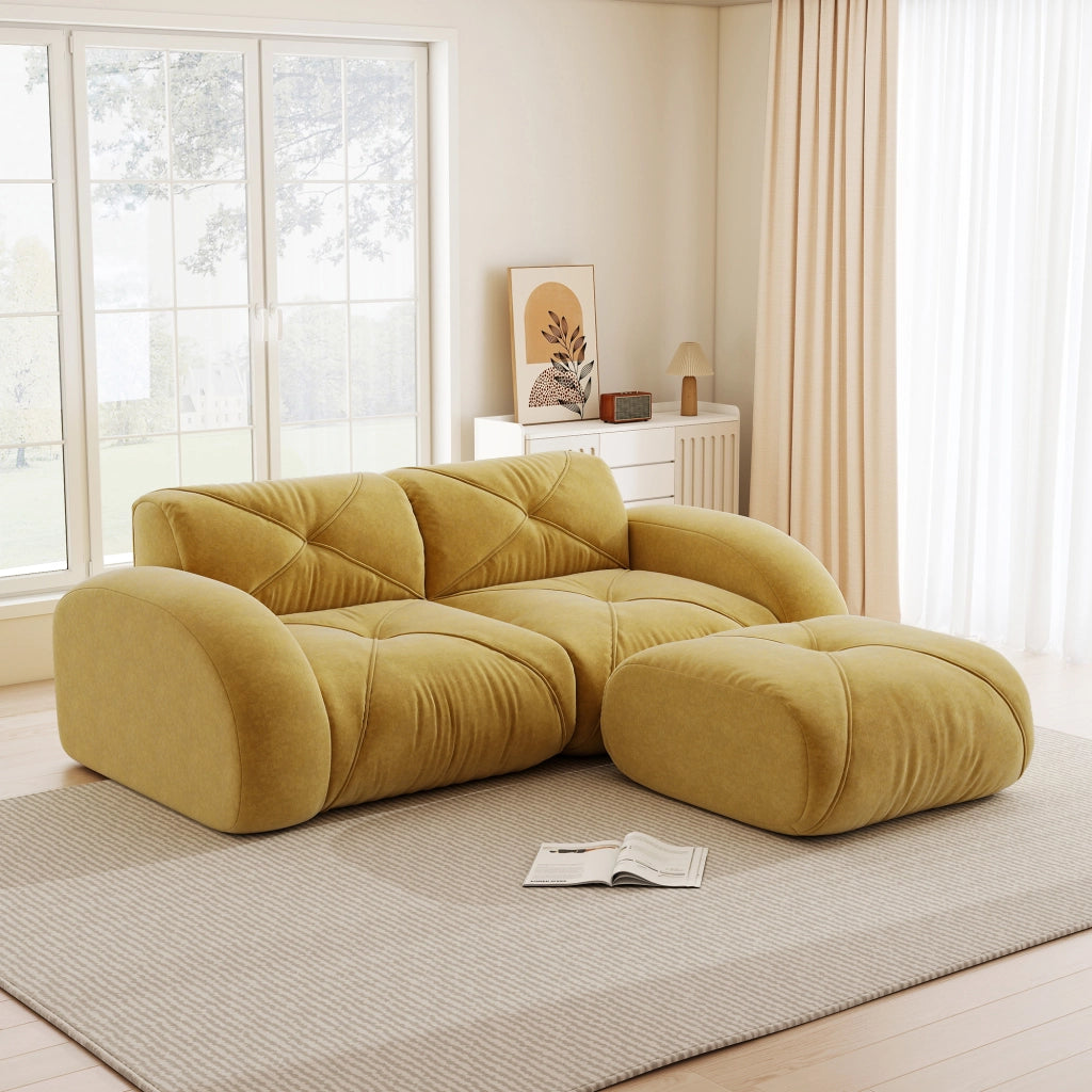 Divano modulare 2 posti con pouf in chenille e struttura in schiuma 32D senza telaio giallo