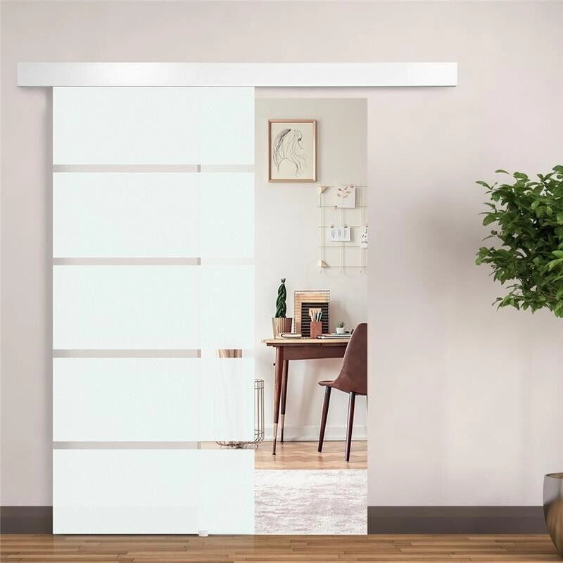 PORTA SCORREVOLE IN VETRO SATINATO CON STRISCE TRASPARENTI A BINARIO 90X205CM