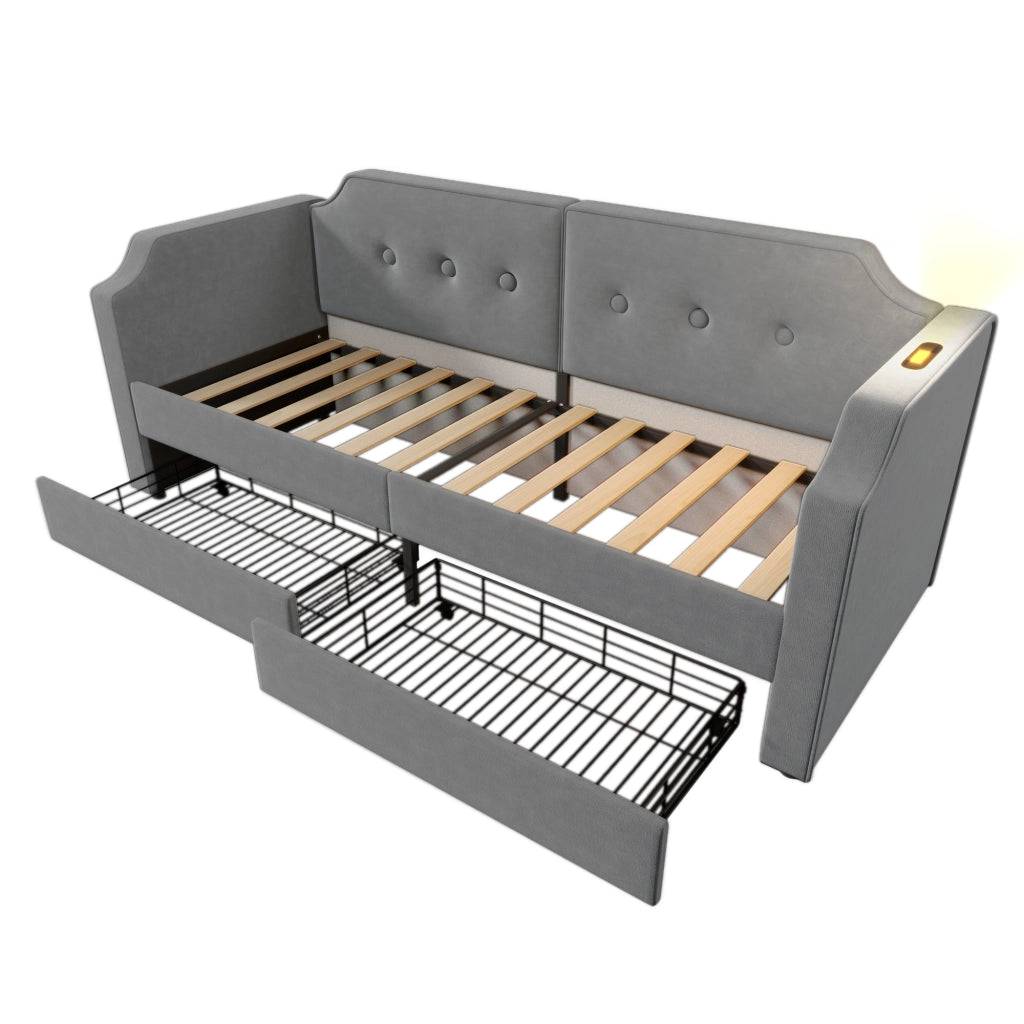 Letto imbottito 90x200 cm in velluto grigio con 2 cassetti, USB Type-C, lampada da lettura e rete a doghe