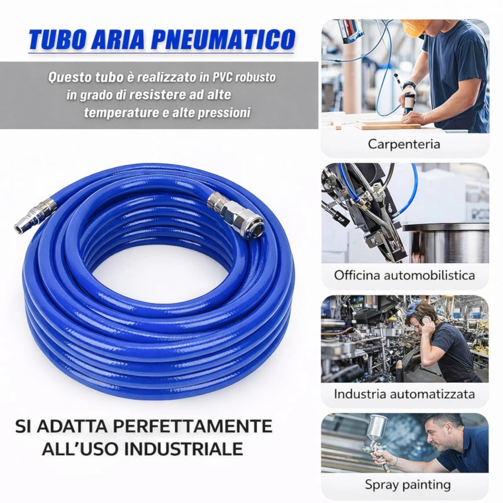 Tubo Aria Compressa 15m PVC Rinforzato 300 PSI Attacco Rapido 1/4'' 10x15 mm