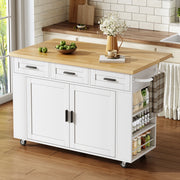 Carrello isola cucina pieghevole con piano estensibile, vani contenitore, 3 cassetti, prese e ruote 120 x 45(70) x 84 cm
