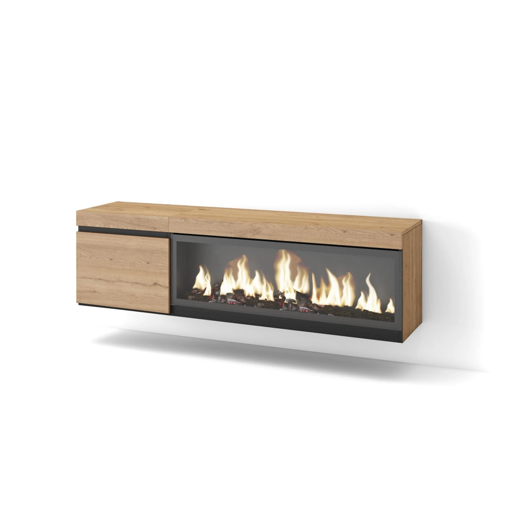 Mobile TV Soggiorno, 158x35x45cm, Per TV fino a 65", Camino elettrico XXL, da appendere, colore Rovere RF3254