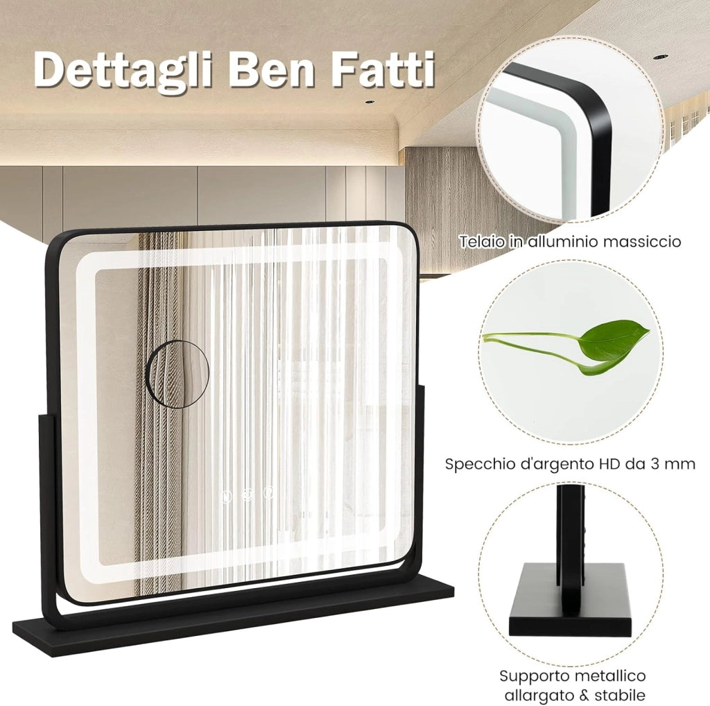 Specchio per Trucco, Specchio da Tavolo con luci LED a 3 Colori, Luminosità Regolabile e Controllo Intelligente a Sfioramento, Ruotabile a 360° con Ingrandimento 5X, 50x44 cm