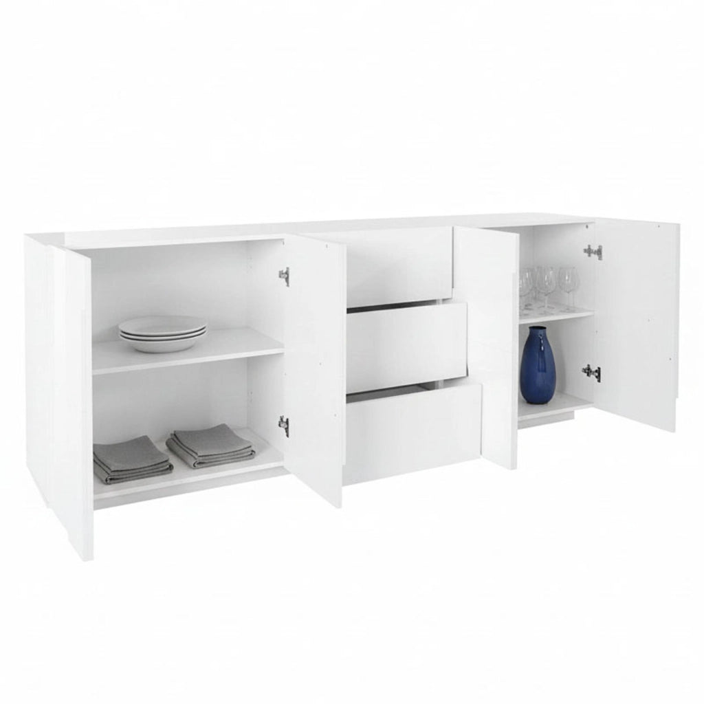 Credenza moderna a 4 ante e 3 Zeus, Made in Italy, Madia da cucina con dettaglio, Buffet di design da soggiorno, cm 224x44h86, Bianco lucido