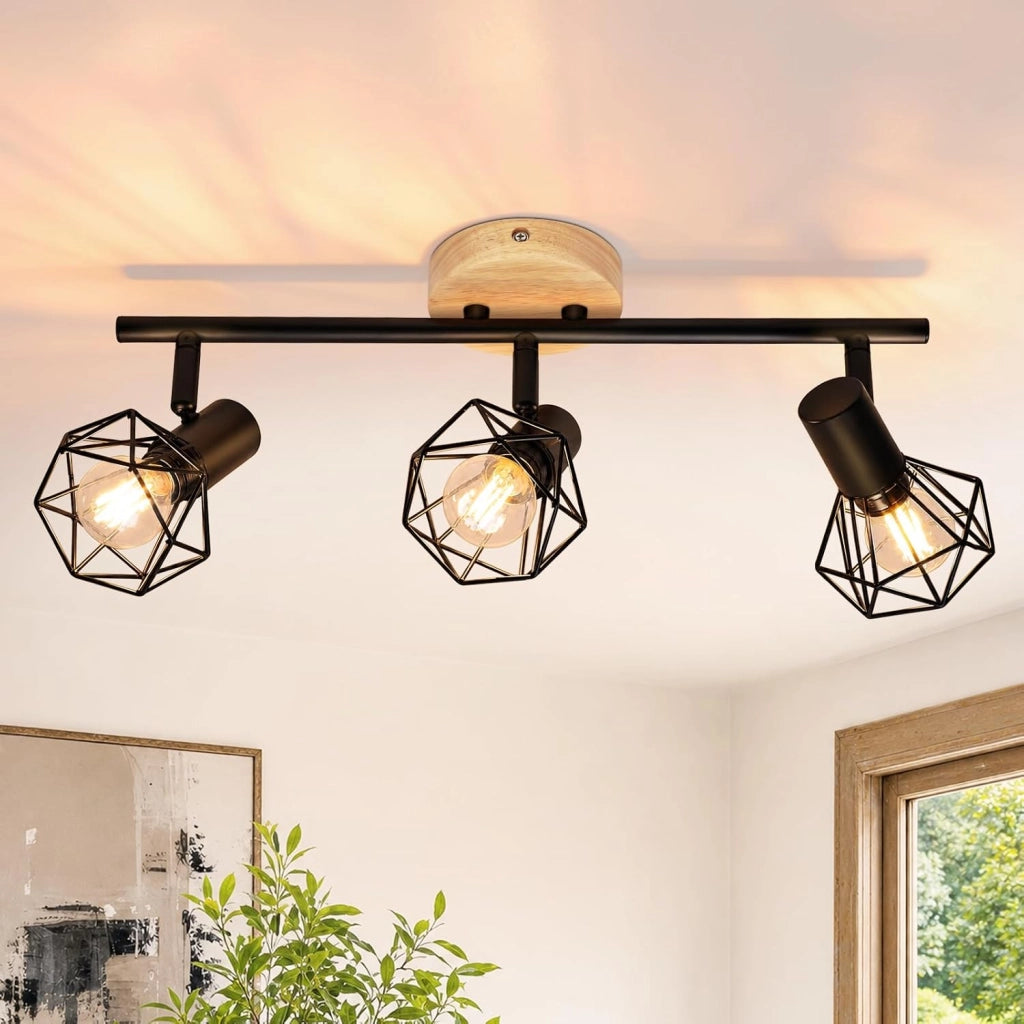 ZMH Faretto da soffitto 3 Luci Nero Legno E14 Vintage Industriale Orientabile 350¡ã per Camera Soggiorno Senza Lampadina