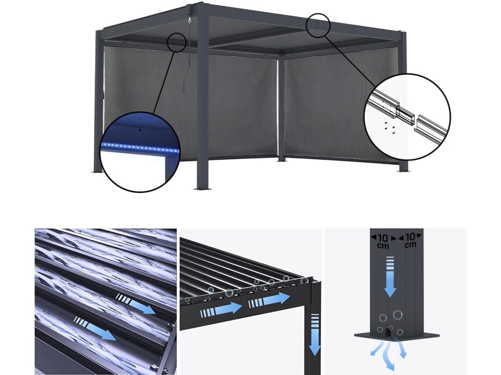 Pergola bioclimatica "Windsor premium" con led e 2 tende in alluminio - 3 x 4 m - Grigio