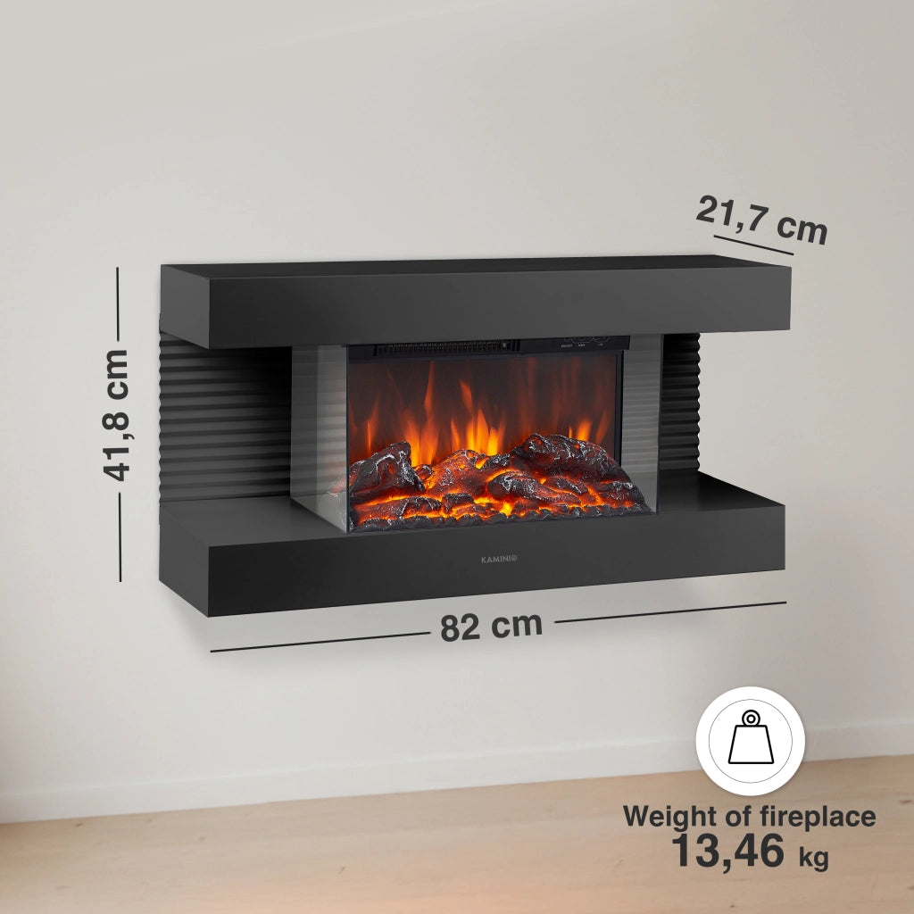 KAMINIO Camino elettrico LIZ - Camino elettrico da parete con riscaldamento, effetto fiamma 3D, luce ambiente a LED, telecomando - Nero