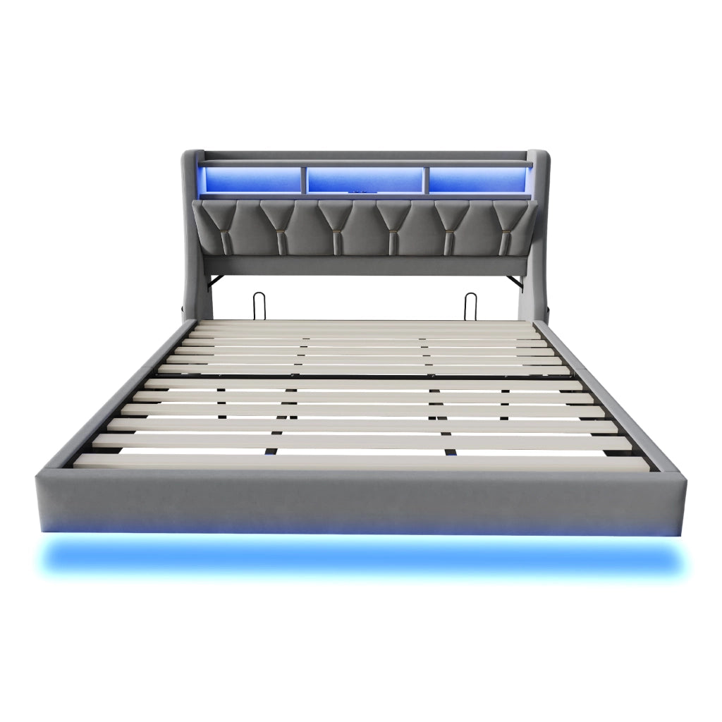 Letto imbottito 180 × 200 cm con testiera reclinabile; prese USB e Type-C; LED controllabili da app; velluto grigio