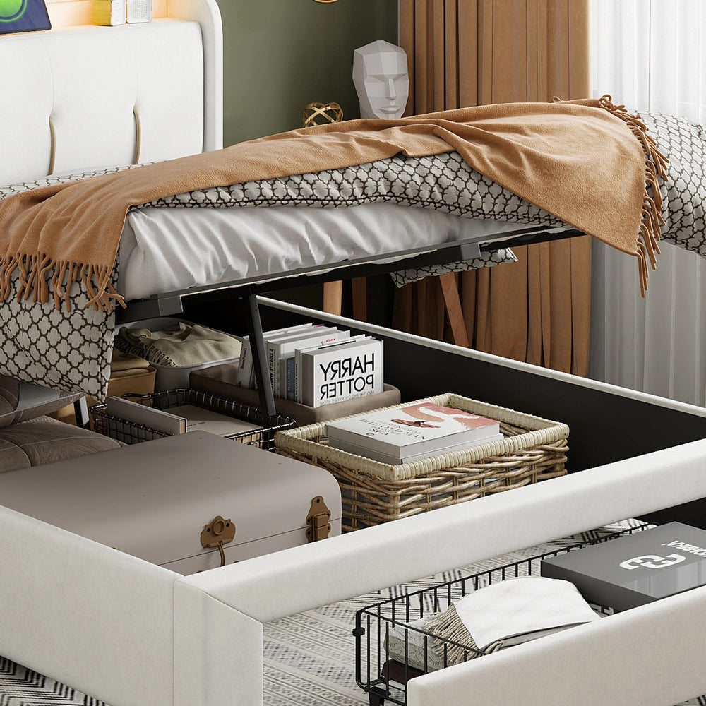 Letto contenitore matrimoniale con LED ¨C Minimal ¨C velluto beige 160x200cm