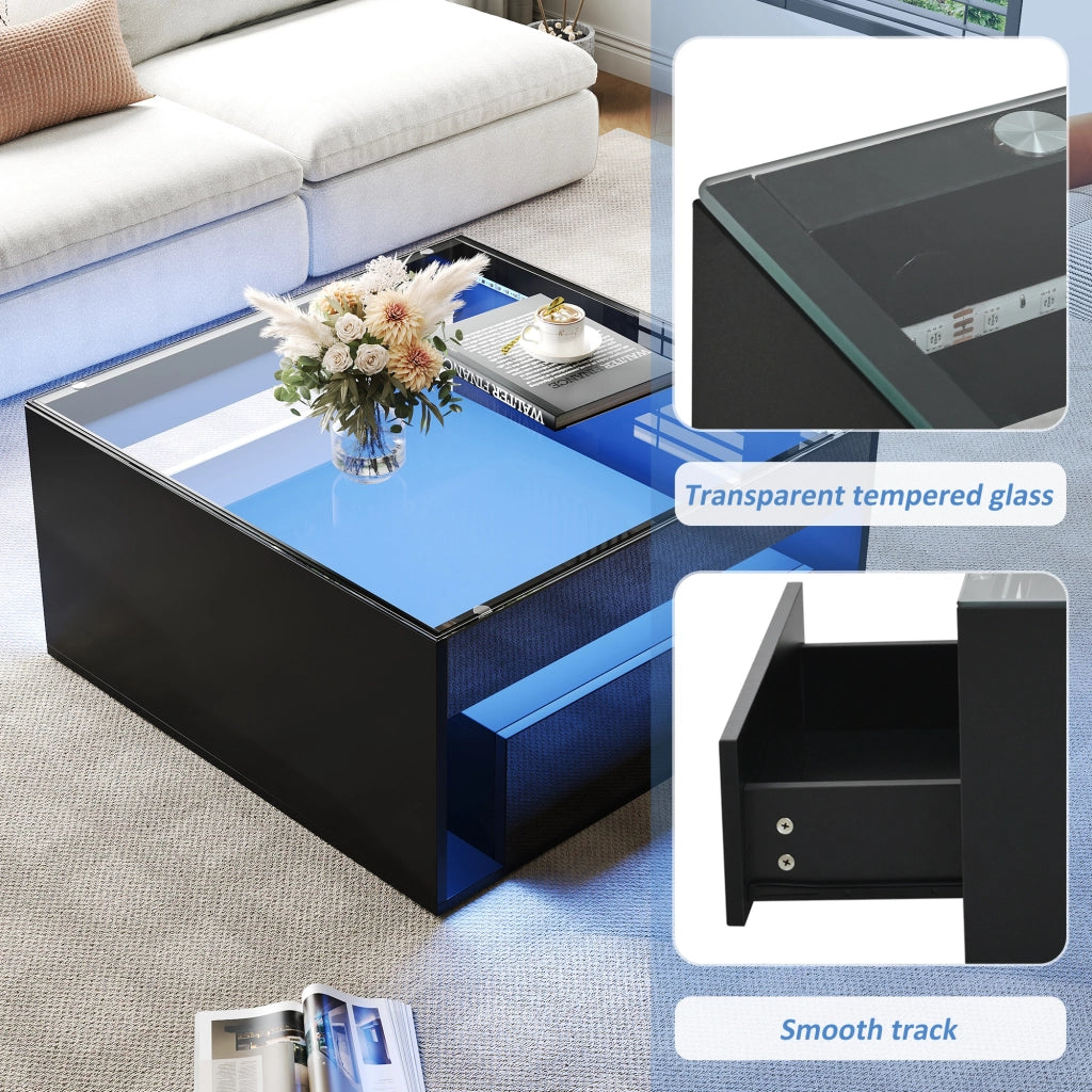 Tavolino da caffè con 2 cassetti e LED - in MDF e vetro - nero - 70 x 70 x 35 cm