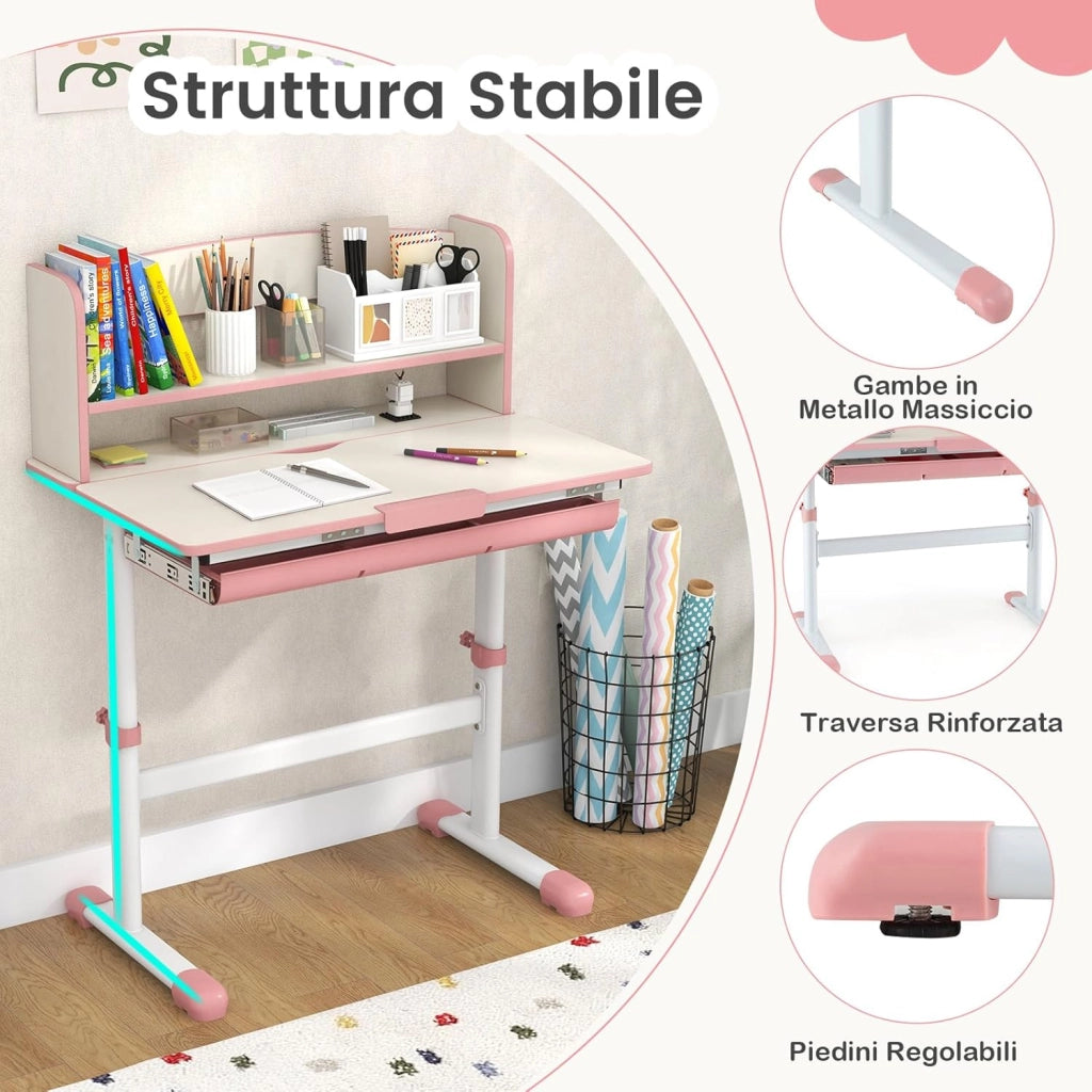 Scrivania per Bambini, Banco Scuola per 3-12 Anni Regolabile in Altezza da 50cm a 73cm con Piano Inclinabile 60°, Scrittoio Cameretta Multifunzionale con Libreria e Cassetto (Rosa)