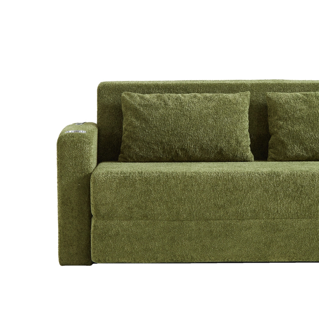 Divano letto convertibile 2 posti per piccoli spazi con porte USB, portabicchieri e tasche laterali in velluto verde
