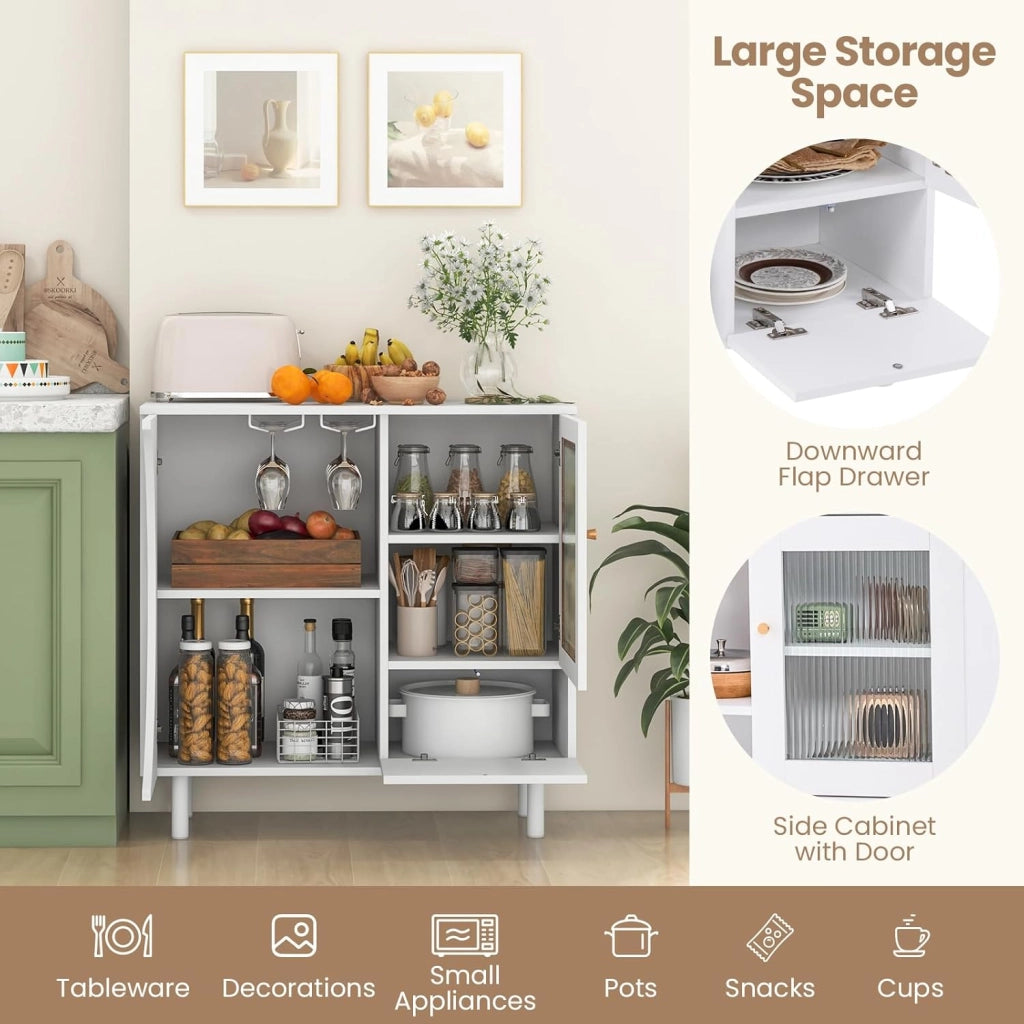 Mobiletto Moderno da Cucina, Credenza con Porta Calici, 2 Ripiani Aperti, Anta in Vetro Temperato, Cassetto, Mobile Bar Salvaspazio in Legno per Cucina, Sala da Pranzo, Soggiorno, Bianco