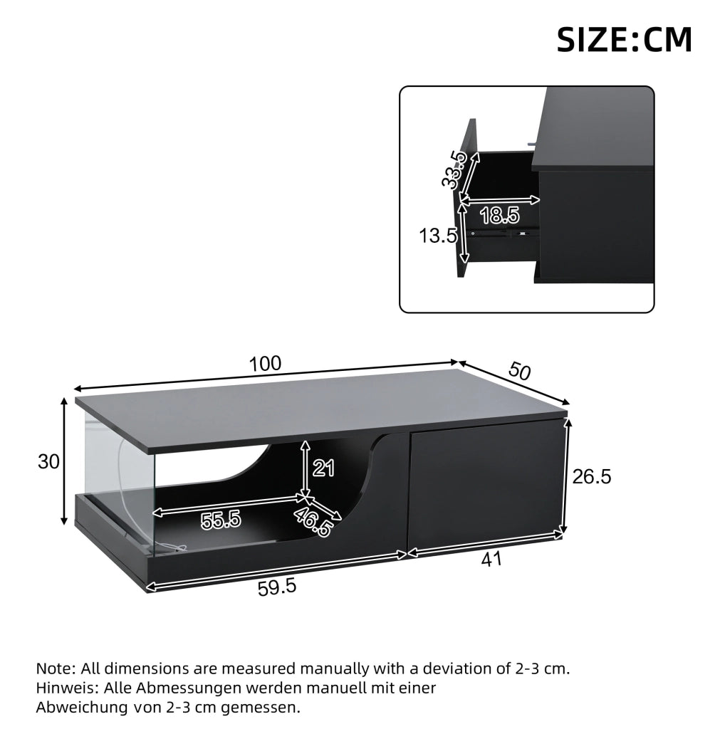 Tavolino da caffè con LED e 2 cassetti 100x50x30 cm in MDF e vetro temperato; nero