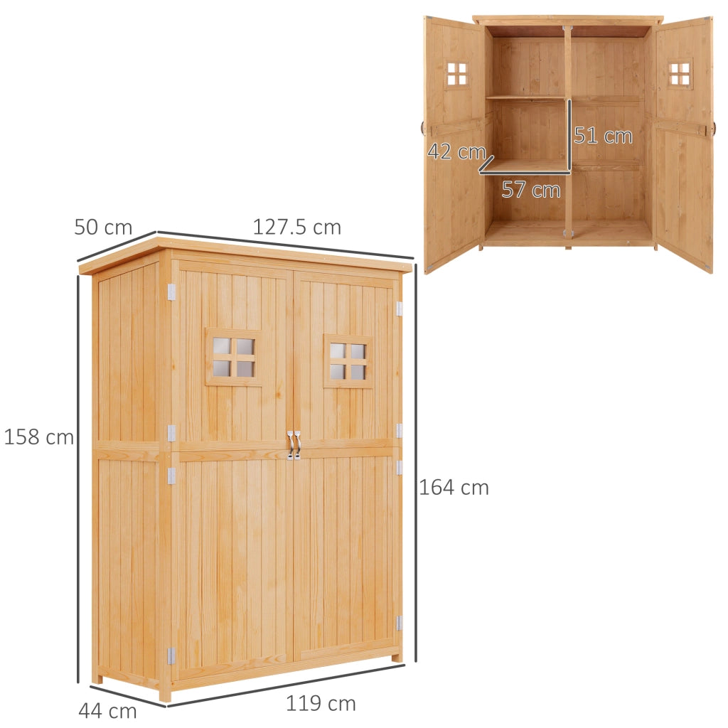 Casetta da Giardino Legno con Porta Doppia, Mensole e Finestre, 127.5x50x164cm