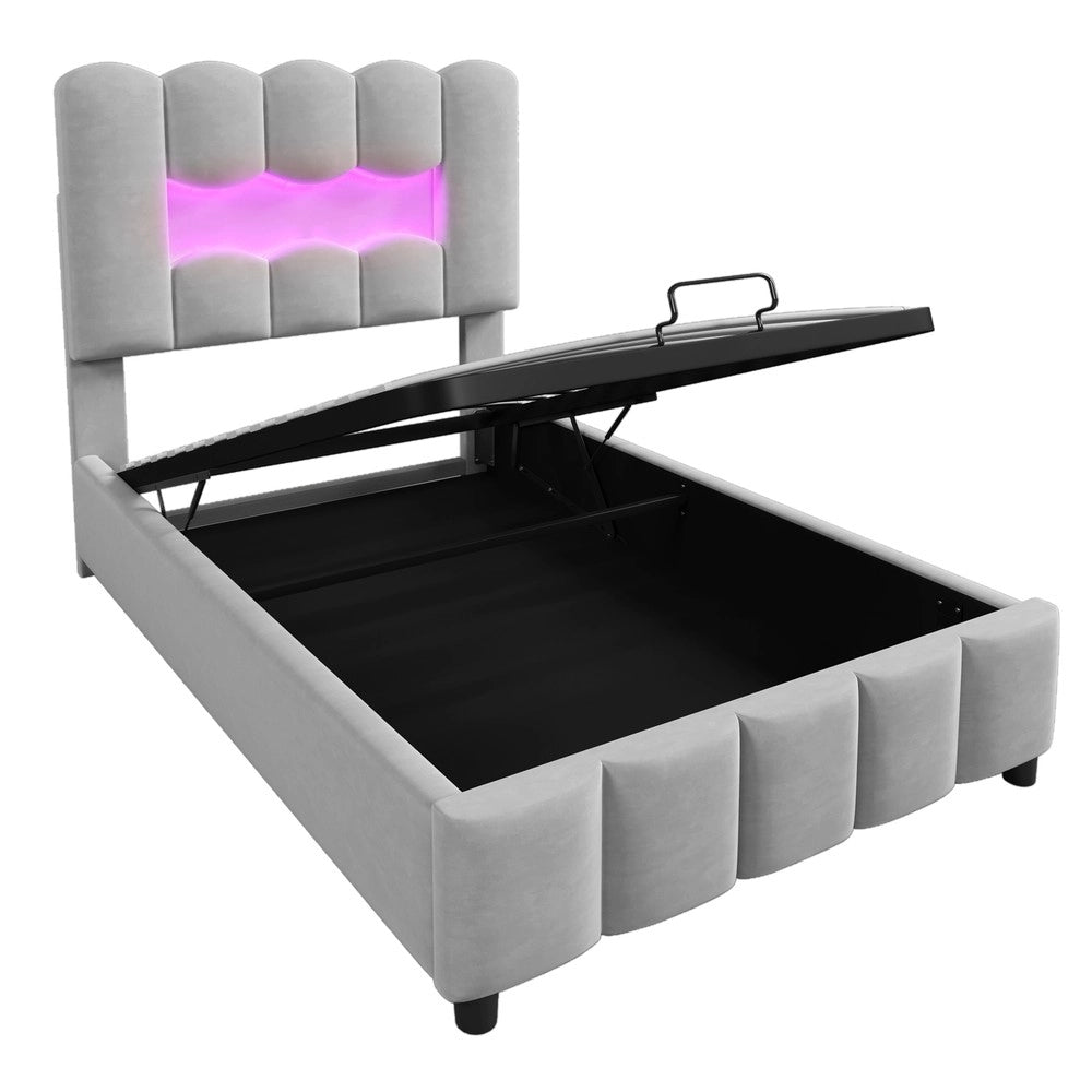 Letto Imbottito Singolo con LED e Contenitore ¨C MINIMAL ¨C Velluto Grigio 90x200