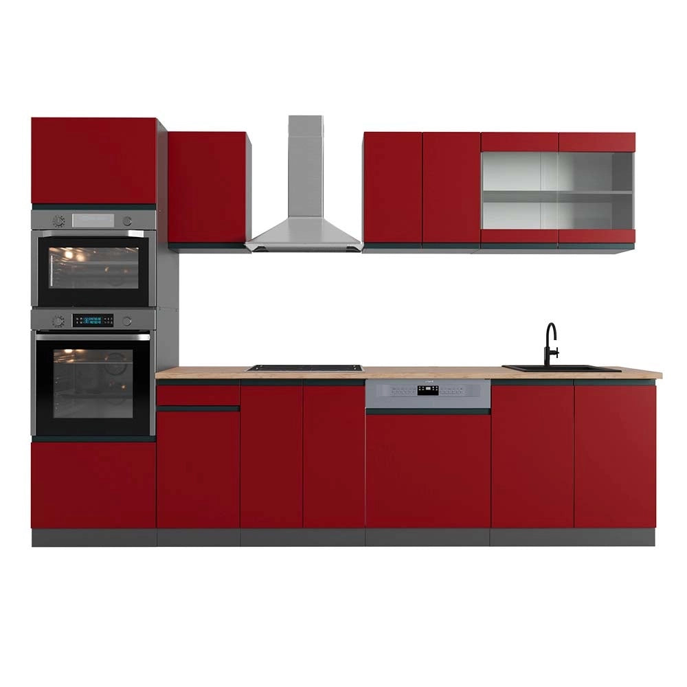 Cucina componibile R-Line Rosso/Antracite 300 cm J-Shape con armadio alto, PL Rovere Vicco