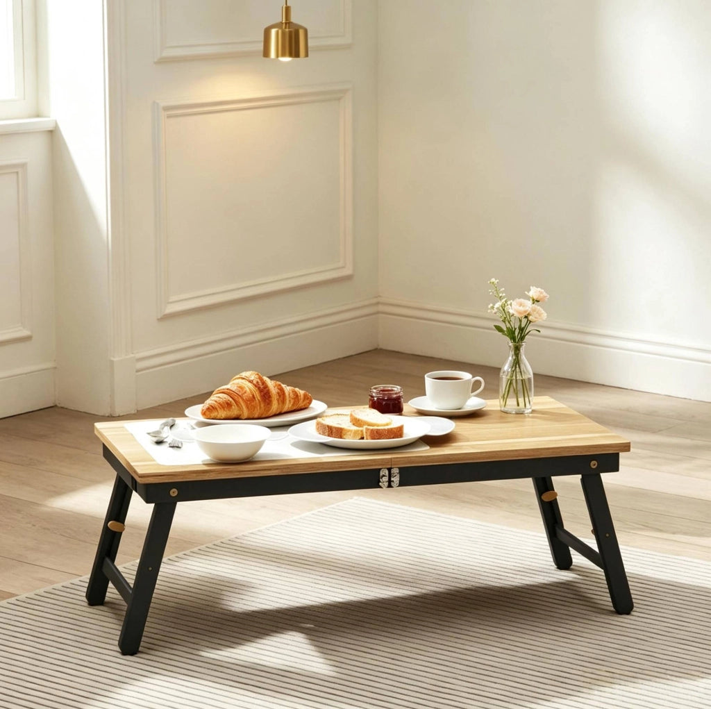 Tavolino laptop 83,5x33 cm nero e rovere in bambù e MDF, con cassetto laterale