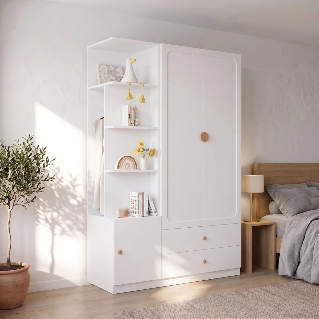 Armadio guardaroba bianco 200 x 135 x 45 cm con 2 aste e 2 cassetti