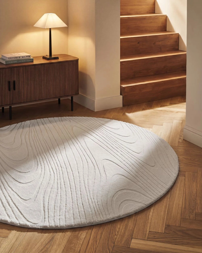 Tappeto in pelliccia sintetica di coniglio, bianco sporco, in poliestere, 160 cm rotondo morbido, a pelo lungo, motivo geometrico
