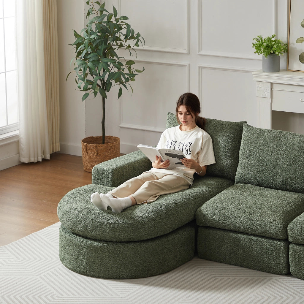 Divano angolare modulare in ciniglia con chaise longue reversibile, cuscini per il collo e verde 251 × 160 × 81 cm