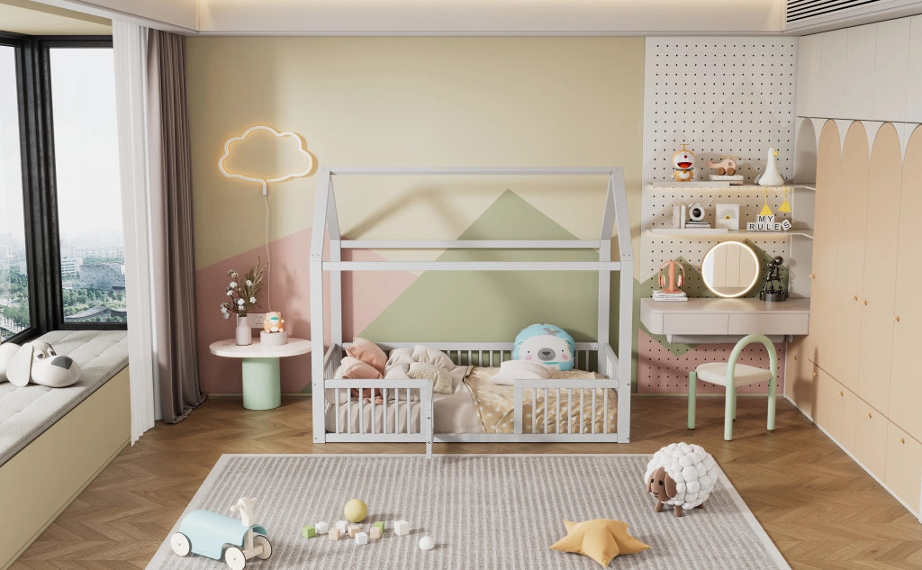 DESMIU Letto casetta per bambini 1 posto con barriere e sportello, 90 × 200 cm, senza materasso, in pino e MDF, bianco