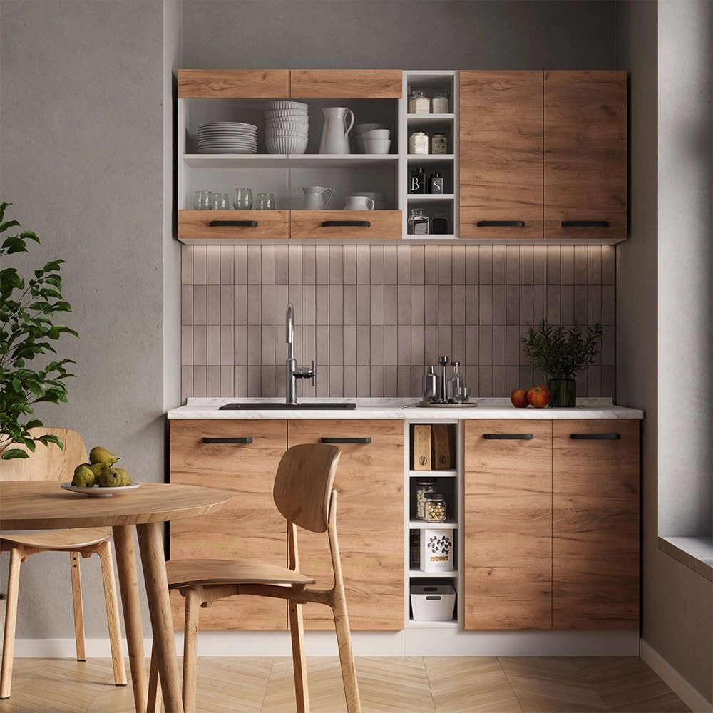 Cucina completa R-Line, Quercia dorata/bianco, 160 cm PL Marmo, con disposizione flessibile dei moduli ed espandibile