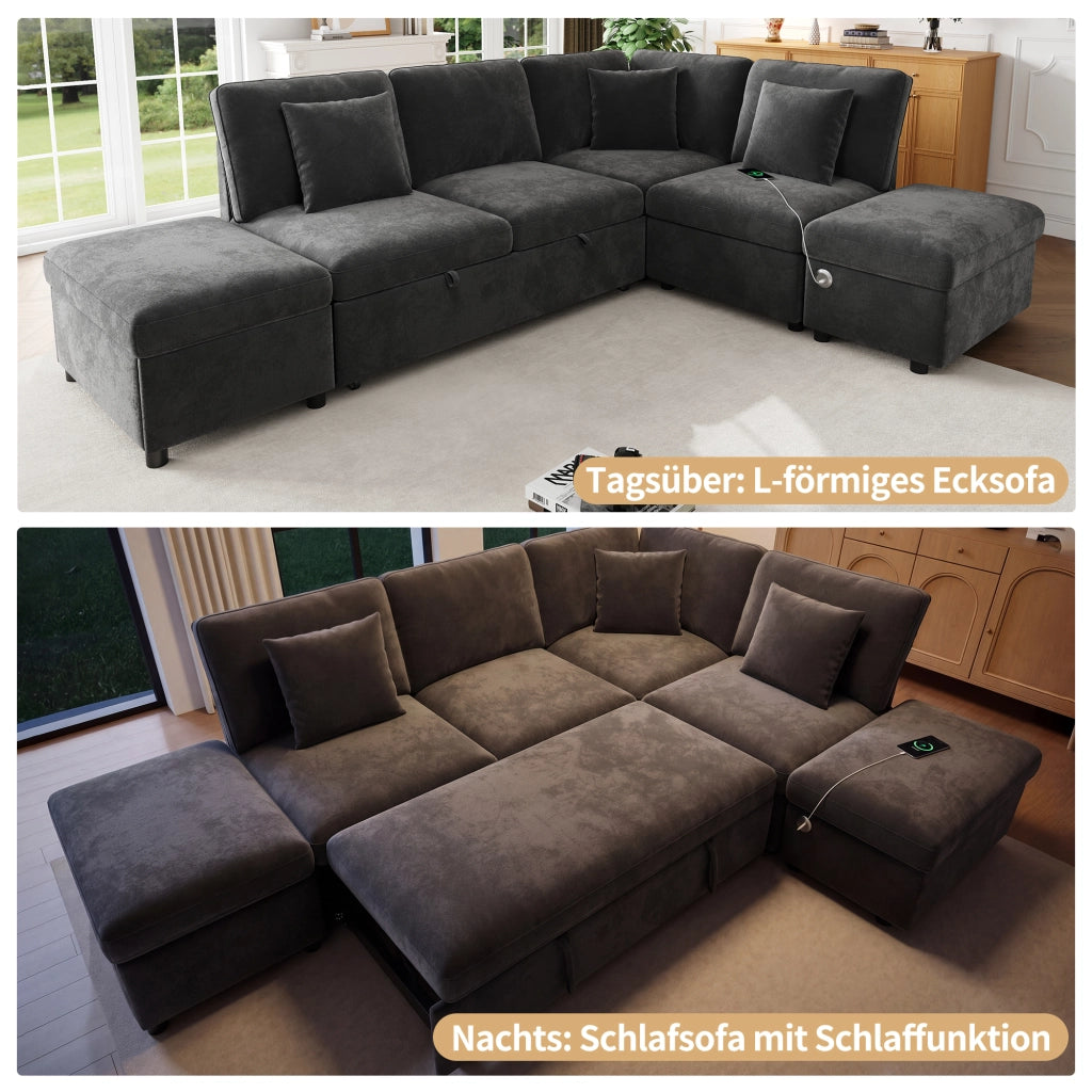 Divano angolare convertibile modulare con letto estraibile, contenitore e usb e type-c, con cuscini, in ciniglia grigio