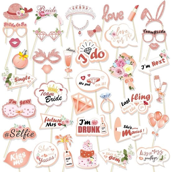 Accessori di Festa per Matrimoni 40 pezzi - Rose Oro - Accessori per Festa di Sposa - Decorazioni per Festa di Sposa - Inclusi Maschere e Bastoni - Accessori per Festa di Sposa