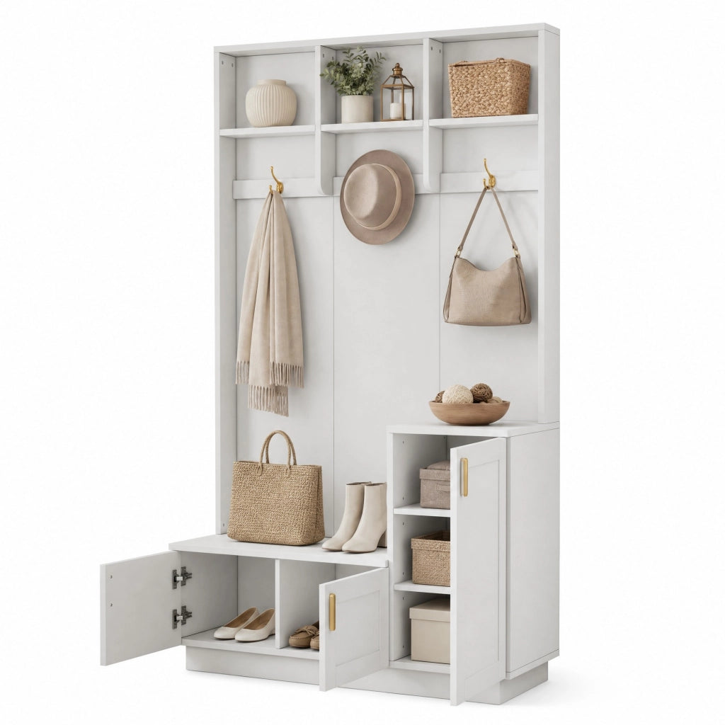 Appendiabiti da ingresso con panca e scarpiera; ripiano regolabile; 120x40x200 cm; bianco