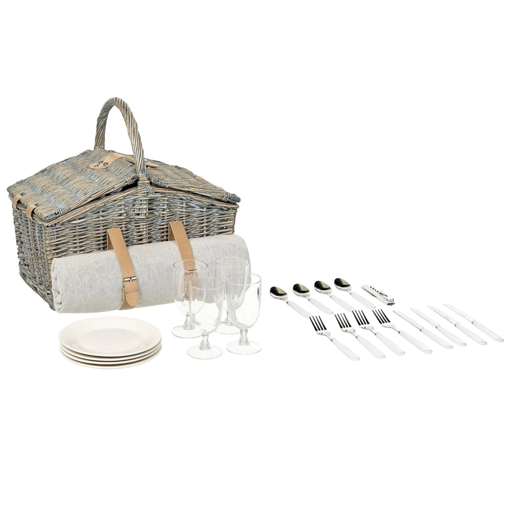 Cesto da picnic per 4 persone in vimini naturale e grigio con set di posate, piatti, bicchieri da vino e borsa termica con cavatappi Coperta inclusa Finitura