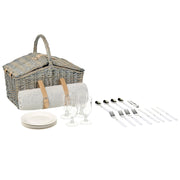 Cesto da picnic per 4 persone in vimini naturale e grigio con set di posate, piatti, bicchieri da vino e borsa termica con cavatappi Coperta inclusa Finitura