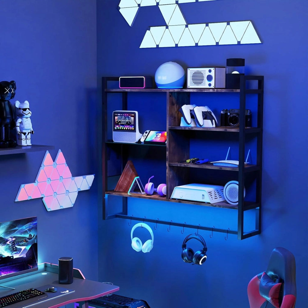Mensola da Parete 107 cm, Scaffale a 6 Livelli con Luci LED, Controllo Remoto e APP, 8 Ganci a S e Tasca Laterale Rimovibile, Espositori per Bar Cucina Salotto Bagno