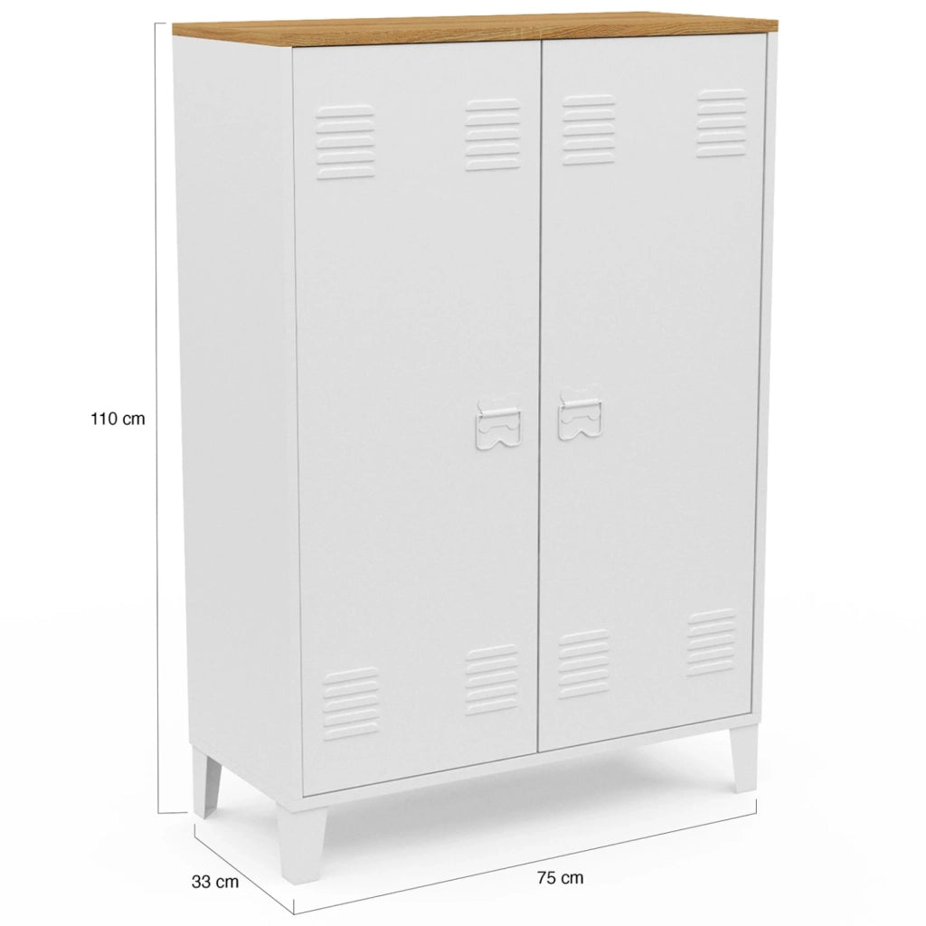 IDMarket - ESTER Armario de 2 puertas de metal blanco con encimera de madera de diseño industrial