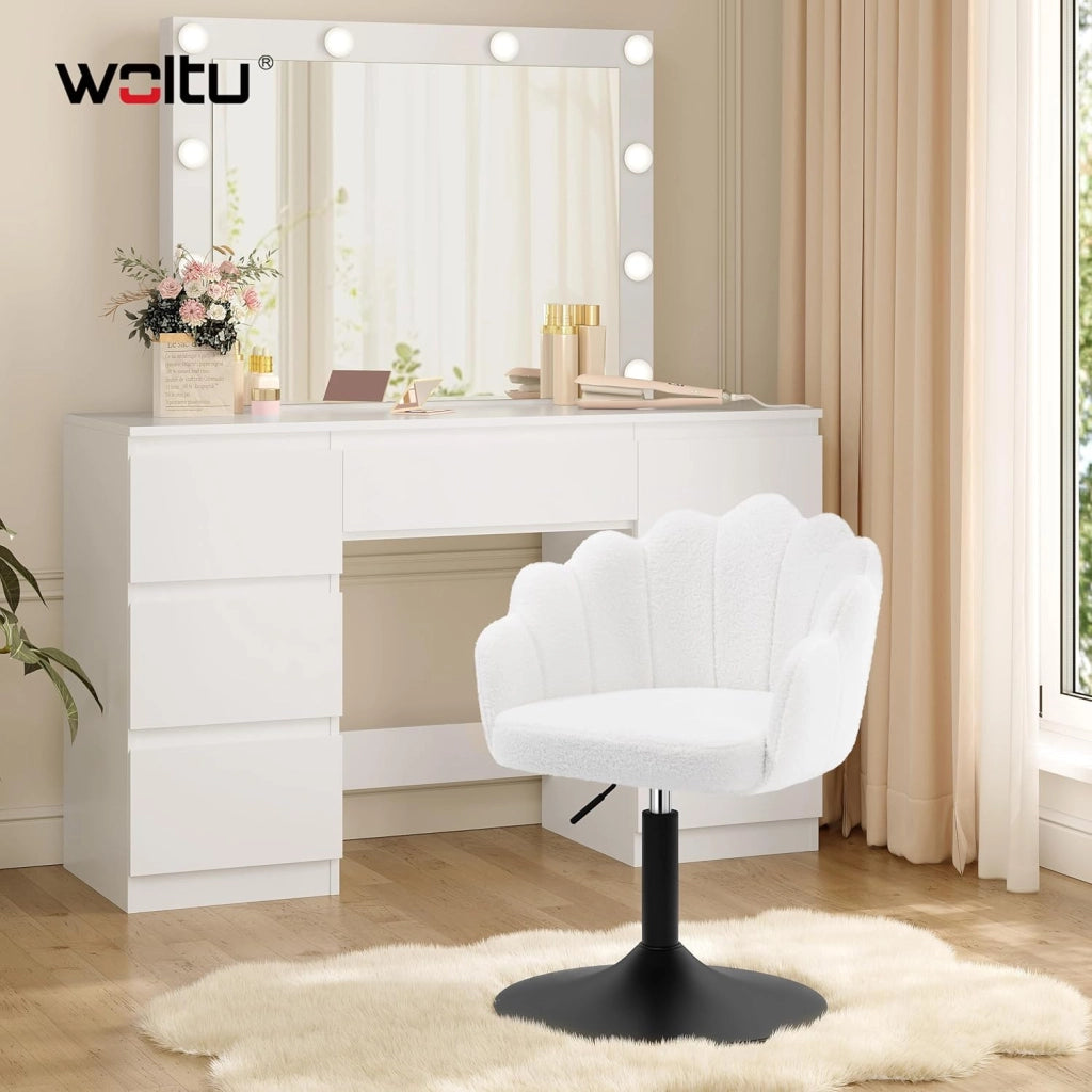Sedia da Trucco, Poltrona Girevole in Tessuto Bouclé, Sgabello da Trucco Regolabile in Altezza per Camera da Letto, Soggiorno, Bianco