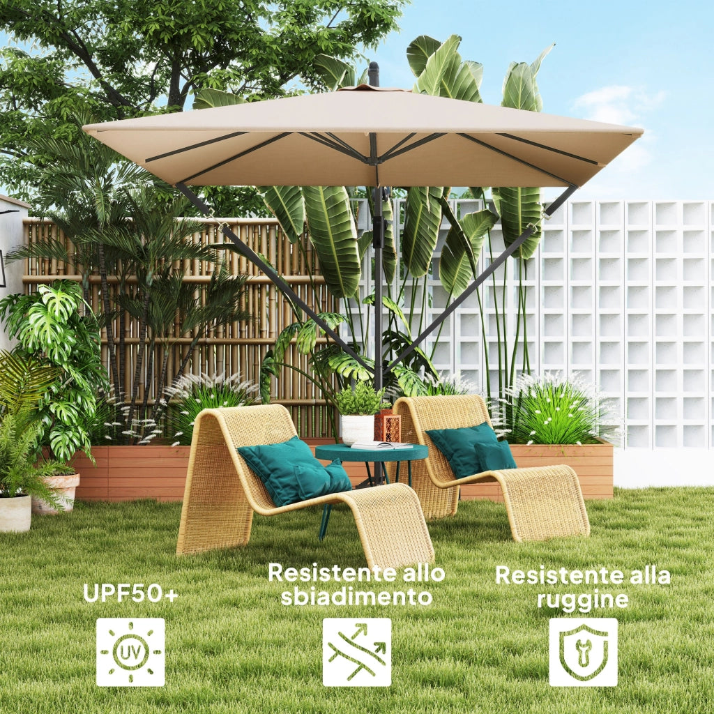 Ombrellone Decentrato 250x250 m con Base a Croce e Manovella in Metallo e Poliestere Cachi