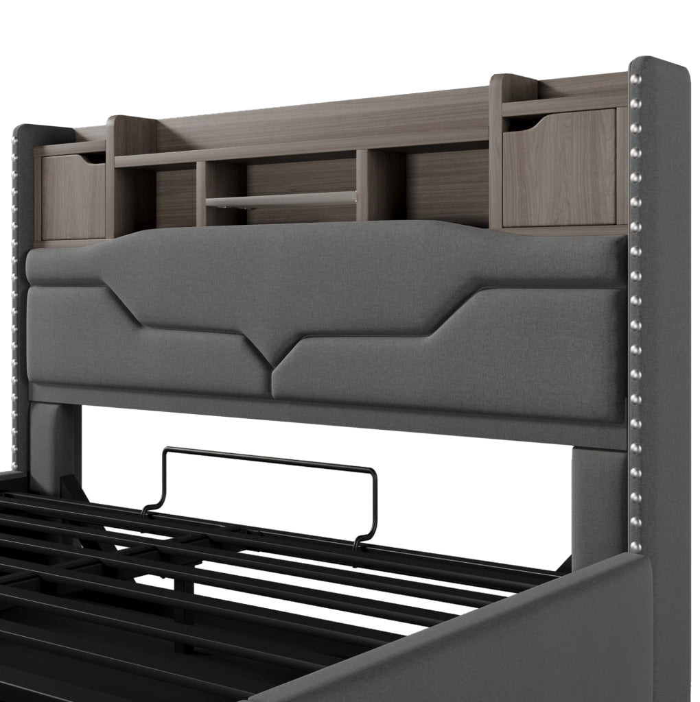 Letto imbottito 160x200 cm con contenitore idraulico, luci LED e ricarica integrata